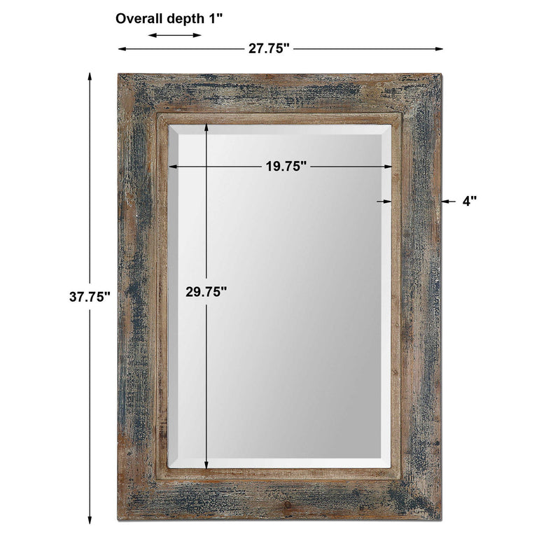 Distressed blue Bozeman wall mirror by Uttermost featuring a rectangular frame with a rustic, textured finish.