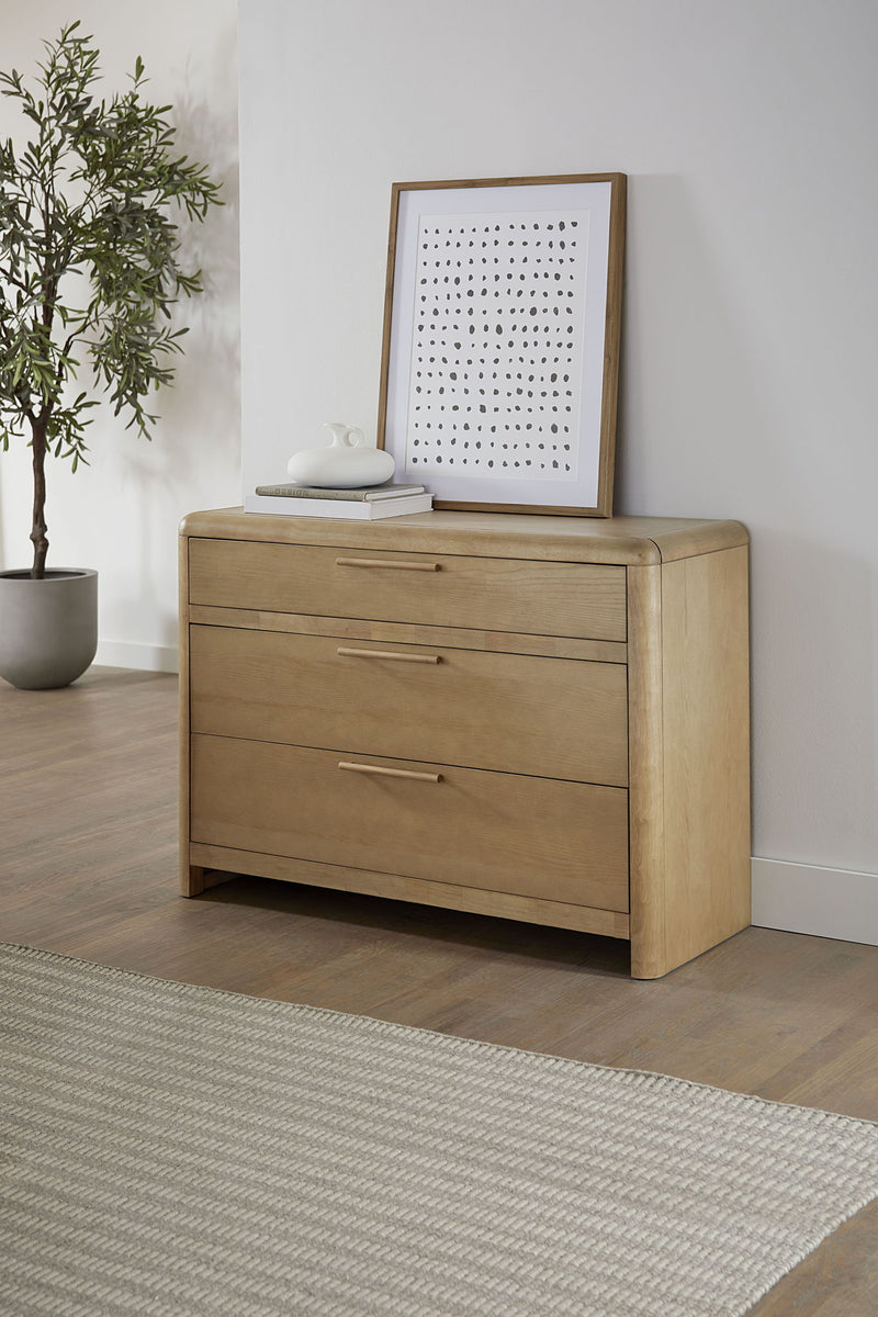 Modus Furano Ash Wood Bachelor Chest with three drawers in ginger finish, showcasing sleek standalone furniture design.