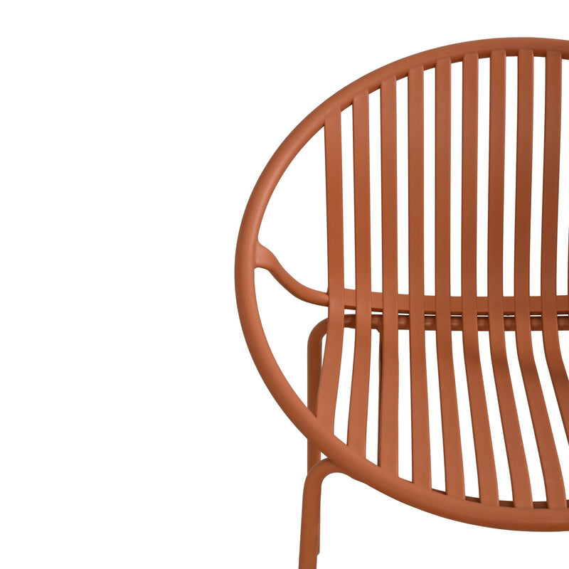 Set of two Noble House outdoor stackable chairs with breathable plastic backrests and metal frames, suitable for patio or garden use.
