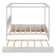 DreamHaus canopy platform bed with built-in drawers, support slats, and no box spring needed, featuring a modern design.