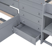 DreamHaus loft platform bed with 7 drawers, full guardrails, and L-shaped modern design, showcasing space-saving features.