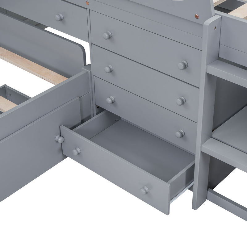 DreamHaus loft platform bed with 7 drawers, full guardrails, and L-shaped modern design, showcasing space-saving features.