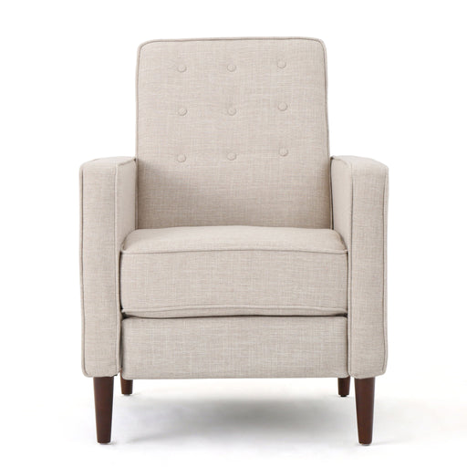 Noble House mid-century modern recliner with button tufted waffle stitch upholstery, showcasing a stylish and comfortable reclining chair.