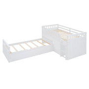 DreamHaus loft platform bed with 7 drawers, full guardrails, and L-shaped modern design, ideal for space-saving bedroom setup.