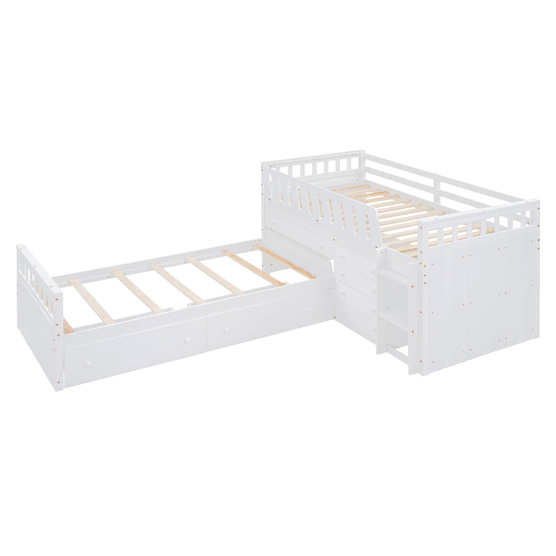 DreamHaus loft platform bed with 7 drawers, full guardrails, and L-shaped modern design, ideal for space-saving bedroom setup.