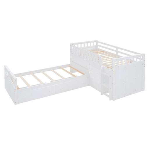 DreamHaus loft platform bed with 7 drawers, full guardrails, and L-shaped modern design, ideal for space-saving bedroom setup.