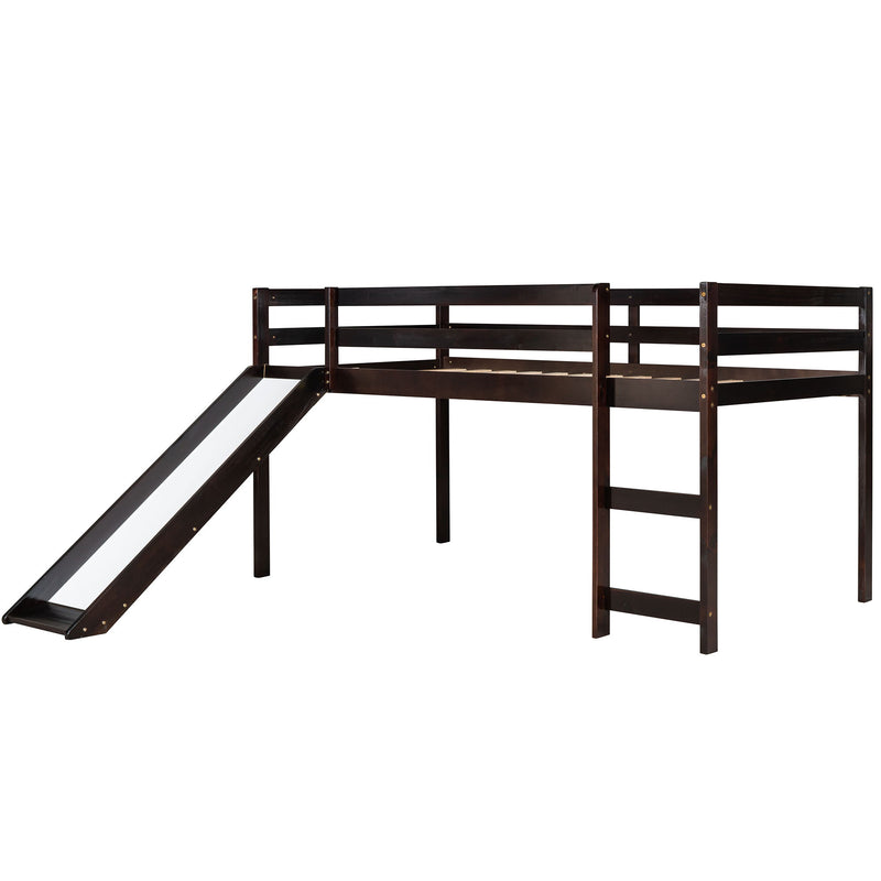 DreamHaus loft bed with slide, showcasing a multifunctional child’s loft bed with built-in slide and workspace in a modern bedroom.