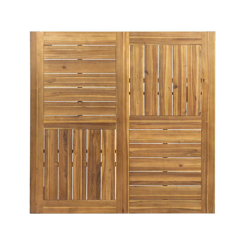 Modern industrial dining table by Noble House featuring acacia wood slats and a teak finish, showcasing a sturdy, stylish design.
