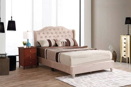 Glory Furniture upholstered bed with a transitional design, featuring a padded headboard and sleek fabric upholstery.