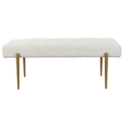 Uttermost Olivier accent bench with wooden top and metal legs, featuring a sleek modern design.