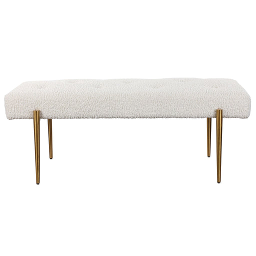 Uttermost Olivier accent bench with wooden top and metal legs, featuring a sleek modern design.