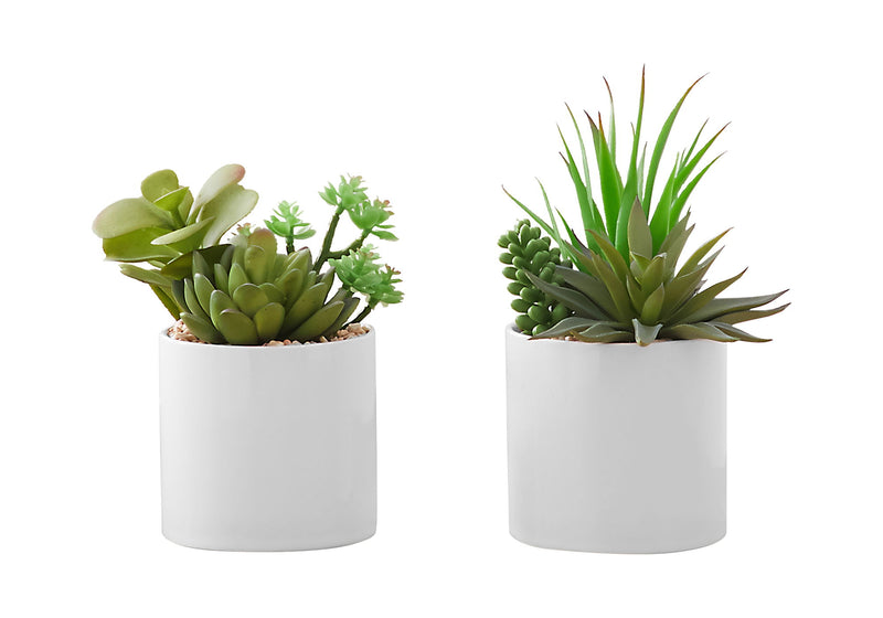 Set of 2 artificial succulent plants from 8th Street, realistic green mini plants for home decor or office spaces.
