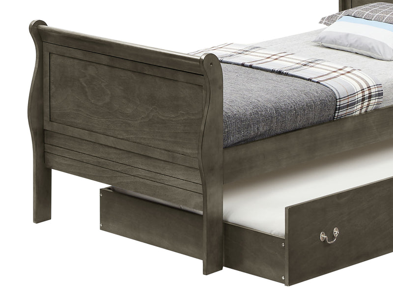 Elegant Glory Furniture trundle bed with classic design, featuring a wooden frame and spacious pull-out storage for versatile bedroom use.