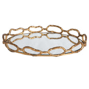 Gold chain mirrored tray by Uttermost, rectangular serving tray with a reflective mirrored surface and chain-link gold border.