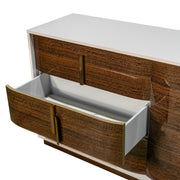 Michael Amini Pavira dresser with matching mirror, showcasing a stylish wooden bedroom furniture set with detailed craftsmanship.