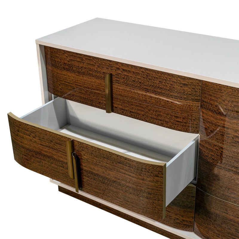 Michael Amini Pavira dresser with matching mirror, showcasing a stylish wooden bedroom furniture set with detailed craftsmanship.
