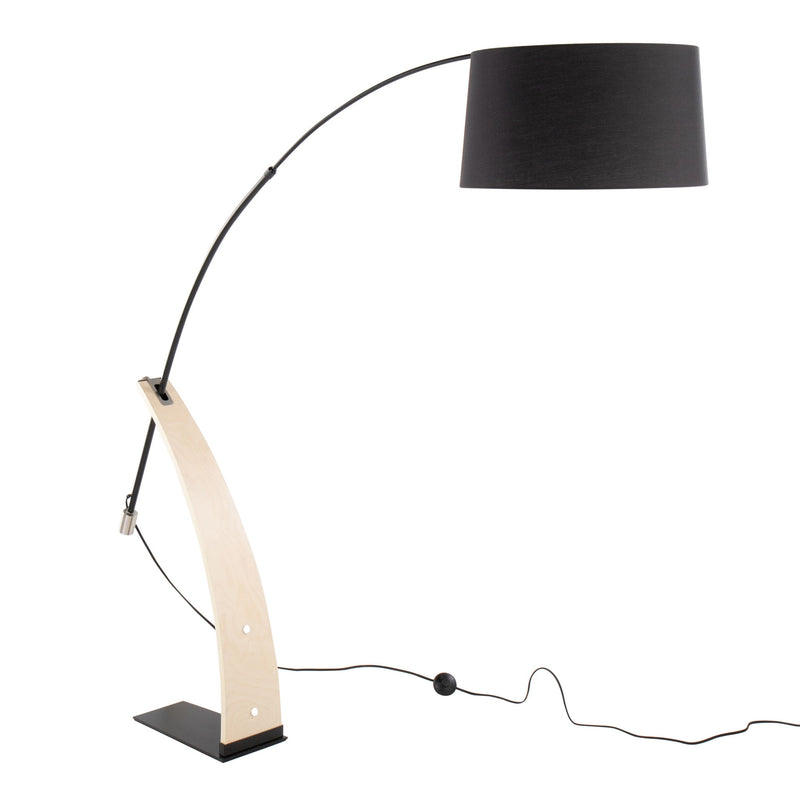 Lumi Source Robyn floor lamp with natural wood and black metal finish, standing tall with a modern design for living room lighting.