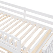 DreamHaus bunk bed with six drawers, flexible shelves, and a bottom bed on wheels, showcasing versatile storage and mobility.