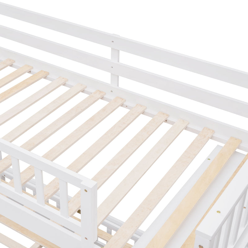 DreamHaus bunk bed with six drawers, flexible shelves, and a bottom bed on wheels, showcasing versatile storage and mobility.