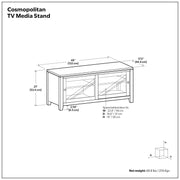 Simpli-Home Cosmopolitan handcrafted TV media stand with open shelving and storage compartments, in a modern wood finish.
