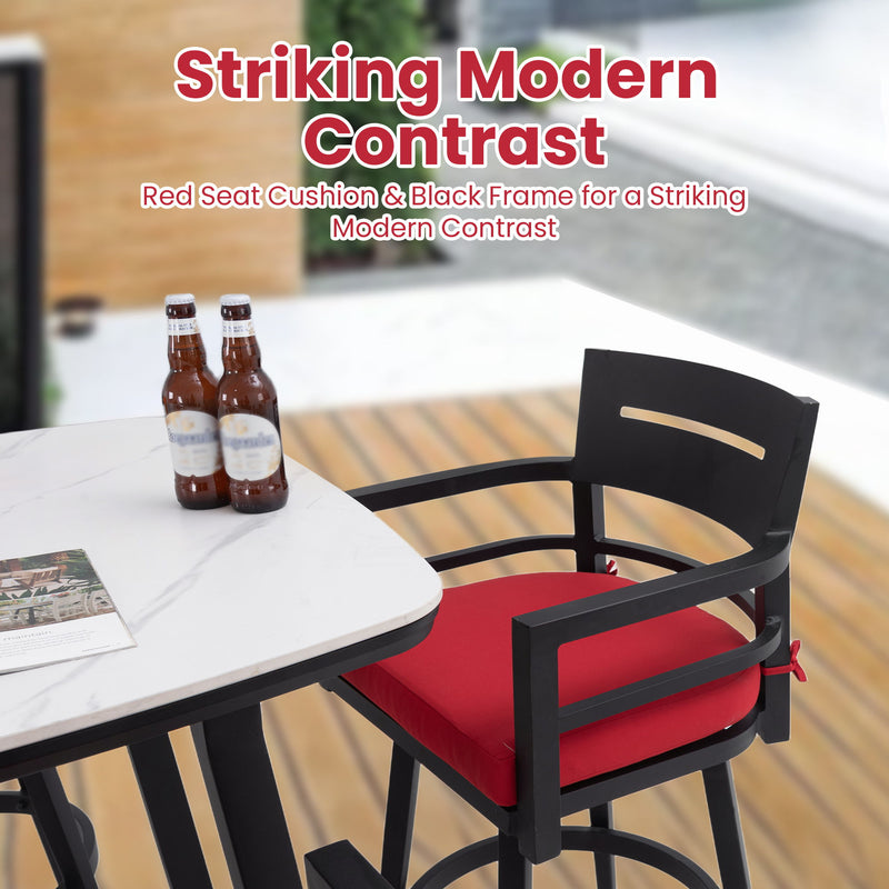 5-piece outdoor patio bar set by Life Outside with a rounded square sintered stone table and four swivel bar chairs.