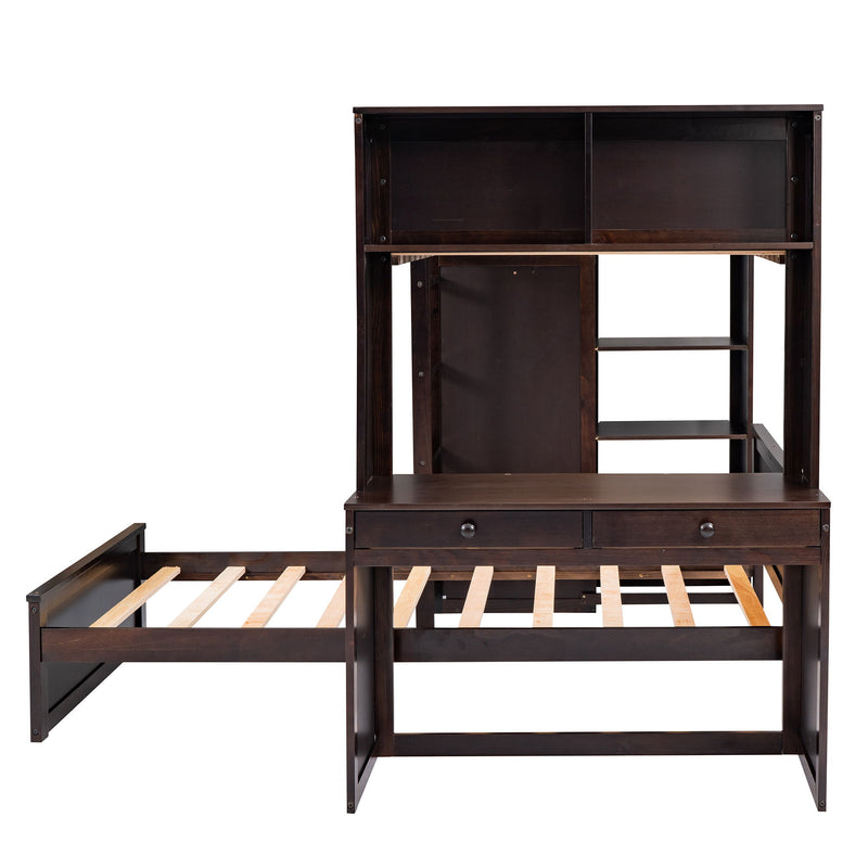DreamHaus loft bed with stand-alone bed, shelves, desk, and wardrobe for space-saving bedroom organization.