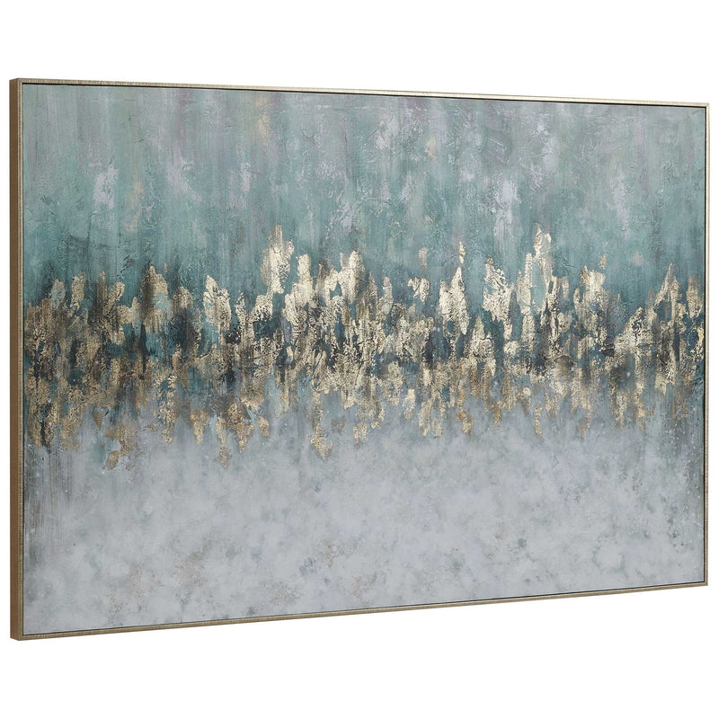 Hand painted blue canvas art by Uttermost, featuring abstract design on a textured surface for modern home decor.