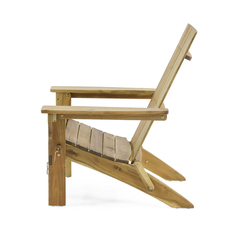 Outdoor Noble House foldable Adirondack arm chair with slat back in natural wood finish, designed for outdoor relaxation.