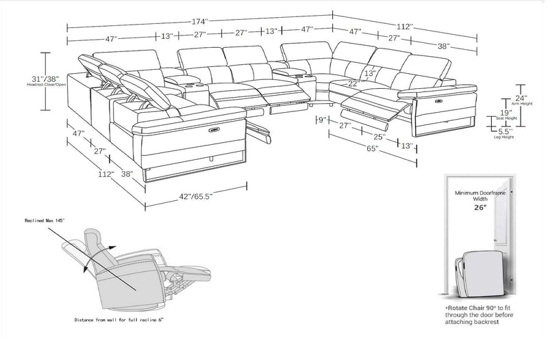 1246 - 10-Piece U-Shaped Modular Power Reclining Sectional With 4 Power Recliners And Power Headrests