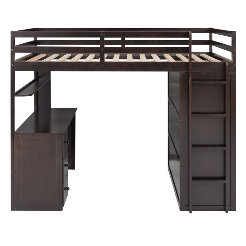 DreamHaus loft bed with built-in drawers, desk, and wardrobe, showcasing a modern wooden design with ample storage space.