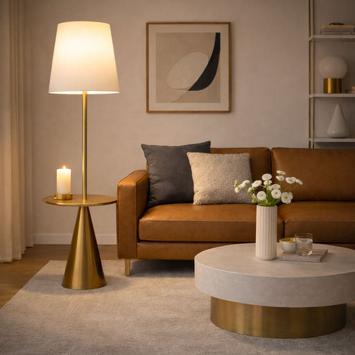 Celestial - Modern Floor Lamp With Accent Table With Large Shade - Gold / White - R&R Furniture Gallery (Fountain Valley, CA)