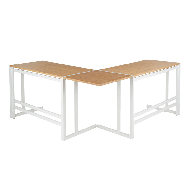 Lumi Source Roman Industrial L-shaped corner desk in white and natural wood finish, ideal for modern home office or workspace.