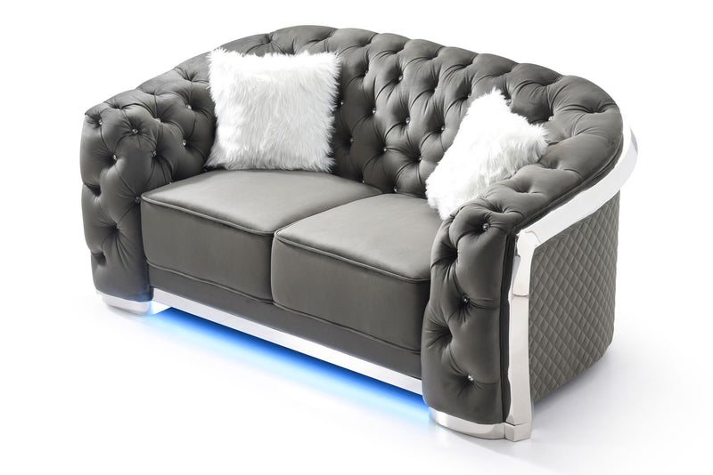 Glory Furniture stationary loveseat with flared arms, upholstered in neutral fabric, featuring plush cushions and a contemporary design.
