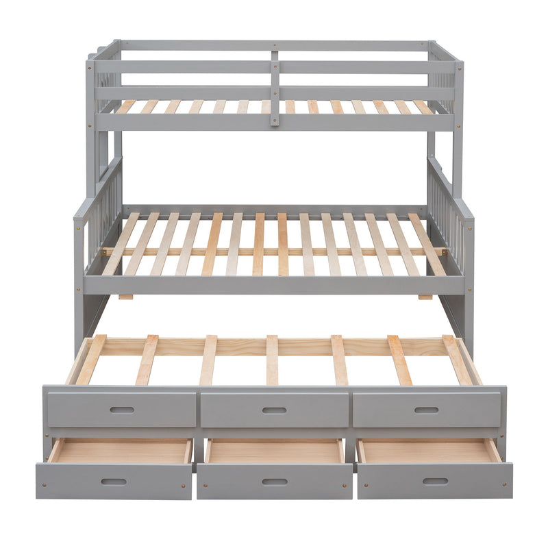 DreamHaus bunk bed with twin size trundle and built-in drawers, featuring a sturdy wooden frame and space-saving design.