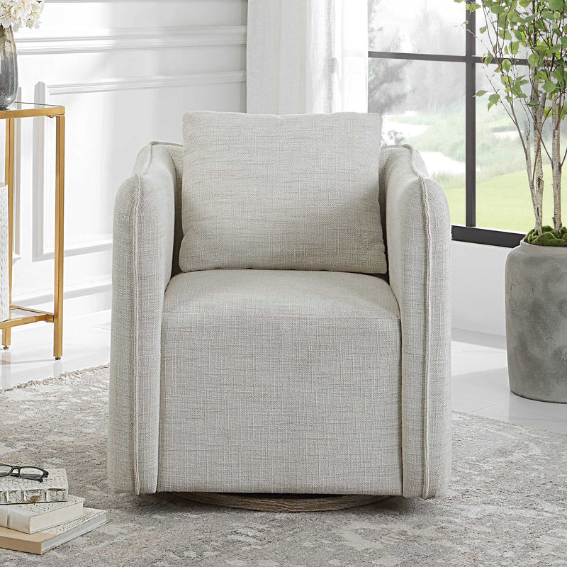 Corben silver swivel armchair by Uttermost featuring a modern design with a cushioned seat and swivel base.