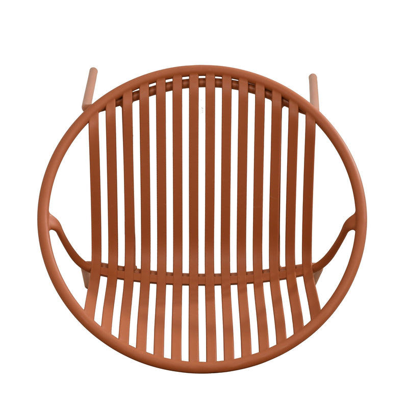 Set of two Noble House outdoor stackable chairs with breathable plastic backrests, ideal for patio or garden seating.