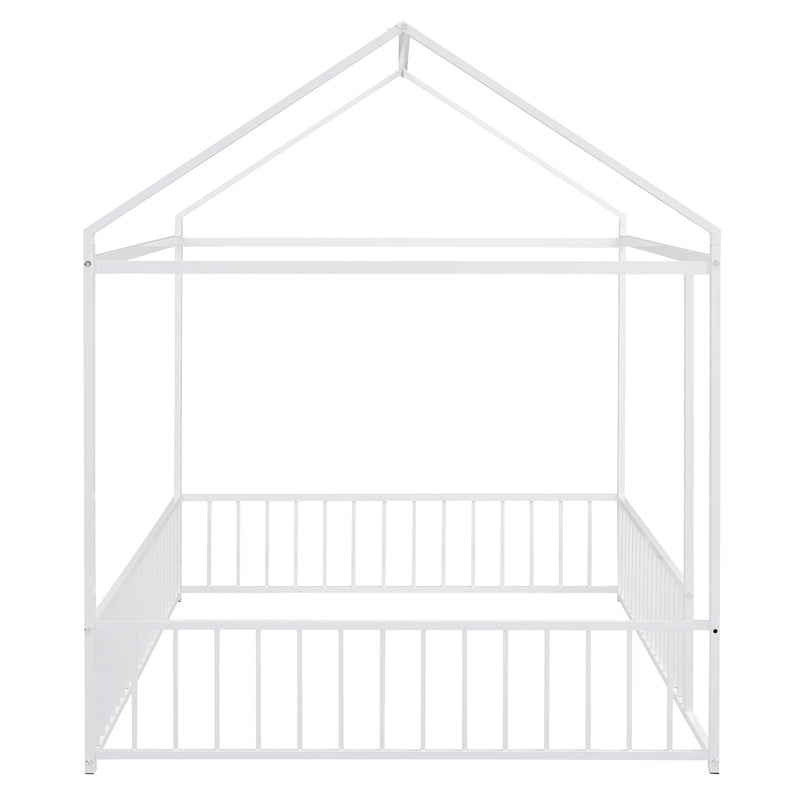Halcyon Home metal canopy bed with fence, sturdy bed frame featuring a protective fence and elegant design for a cozy bedroom.