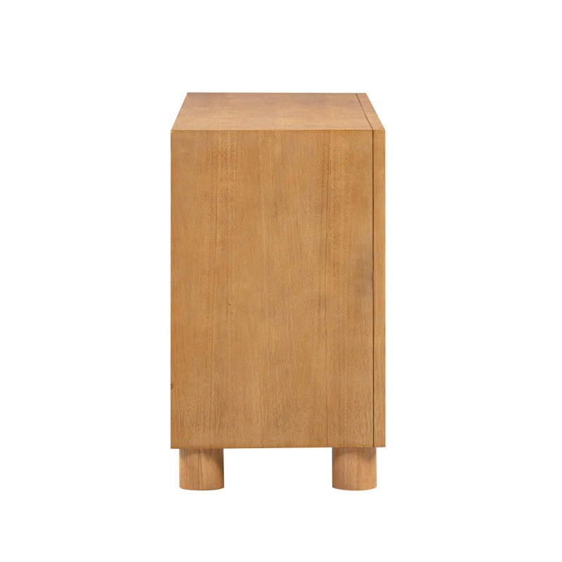 Natural wood Miles 6-drawer dresser by TOV Furniture with sleek design and metal handles, showcasing its spacious storage drawers.