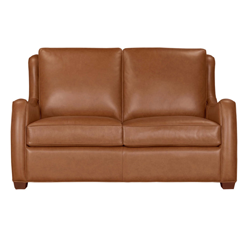 Parker Living Channing top-grain leather 2-piece living room set with scroll arms and antique brass nail trim in Renaissance Cinnamon.