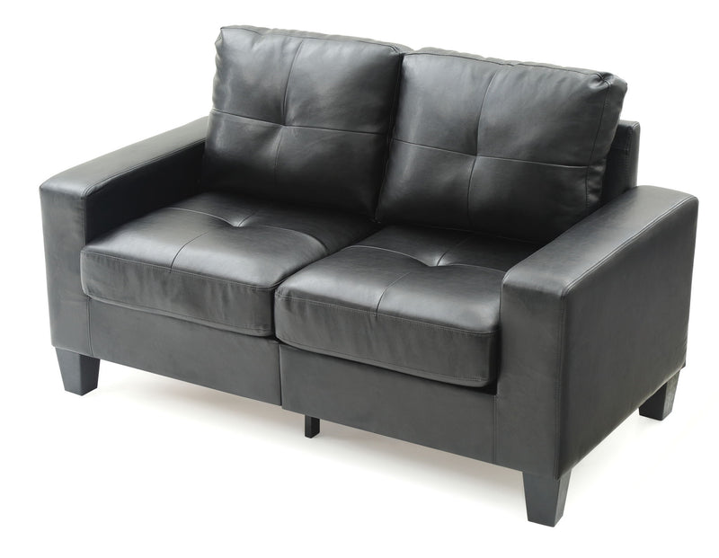 Glory Furniture Newbury track arm loveseat in cozy beige fabric, stationary style with plush cushions for comfortable seating.