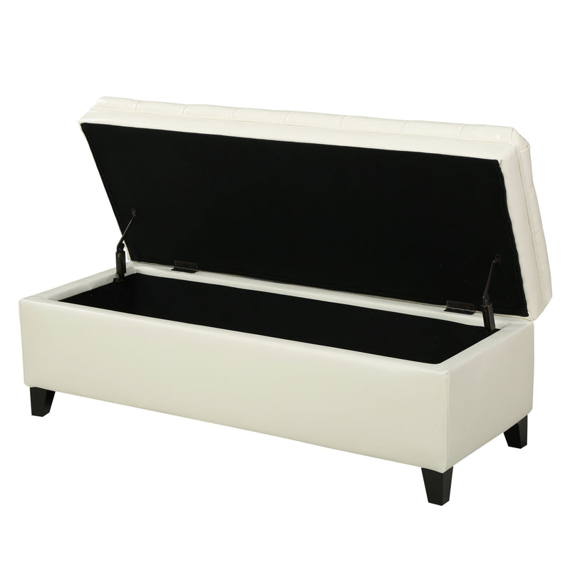 Noble House Juliana storage ottoman with beige fabric and birch wood legs, versatile furniture piece for living room storage.