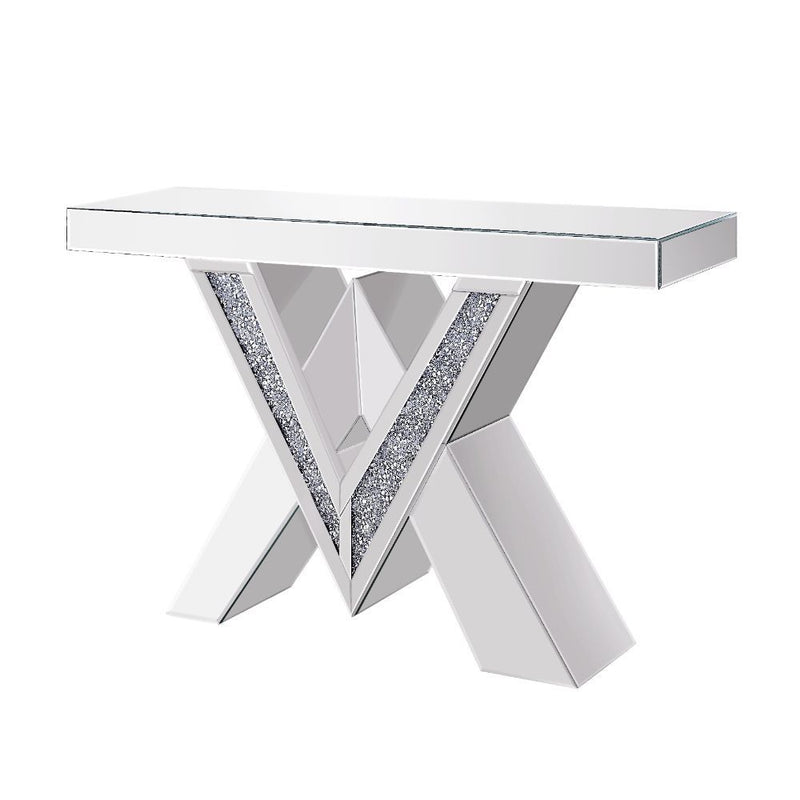 Noralie - Console Table, "V" Shape Pedestal - Mirrored & Faux Diamonds - R&R Furniture Gallery (Fountain Valley, CA)