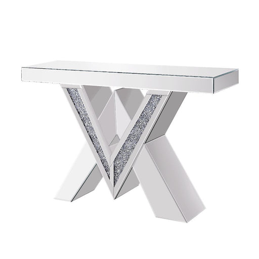 Noralie - Console Table, "V" Shape Pedestal - Mirrored & Faux Diamonds - R&R Furniture Gallery (Fountain Valley, CA)