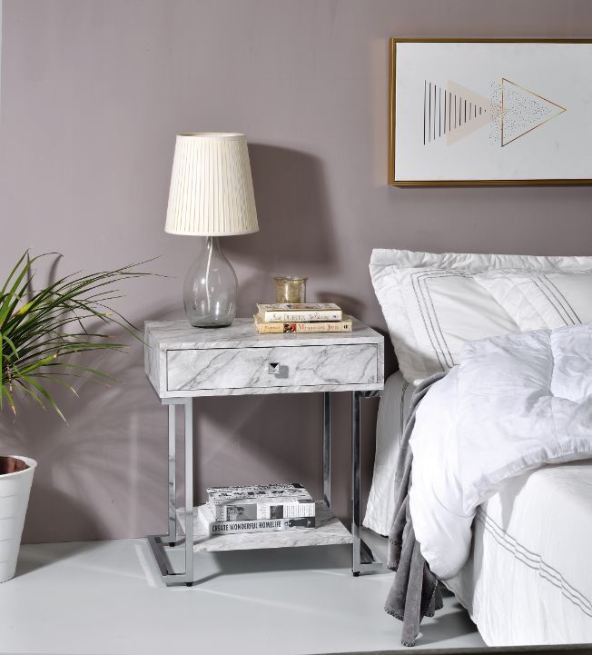 Wither - Accent Table - White Printed Faux Marble & Chrome - R&R Furniture Gallery (Fountain Valley, CA)
