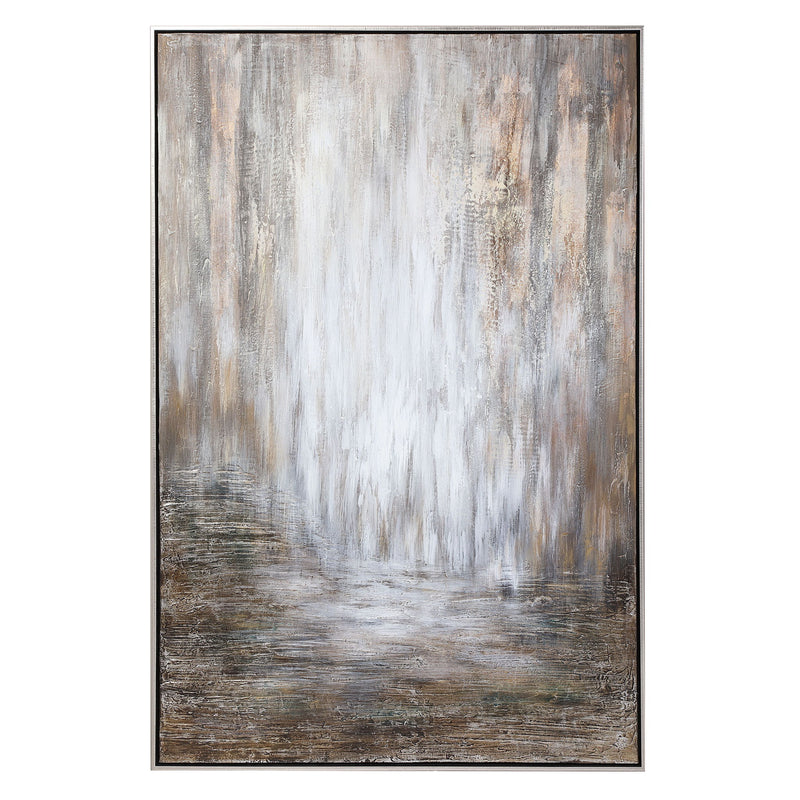 Hand painted abstract canvas art titled Desert Rain in pearl silver by Uttermost, showcasing flowing, textured brushstrokes.