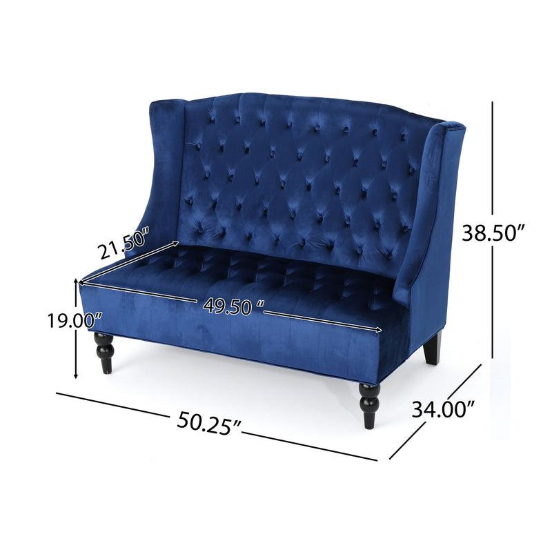 Noble House Nurturing upholstered loveseat with wing back design and diamond tufting, featuring plush cushions and stylish fabric.