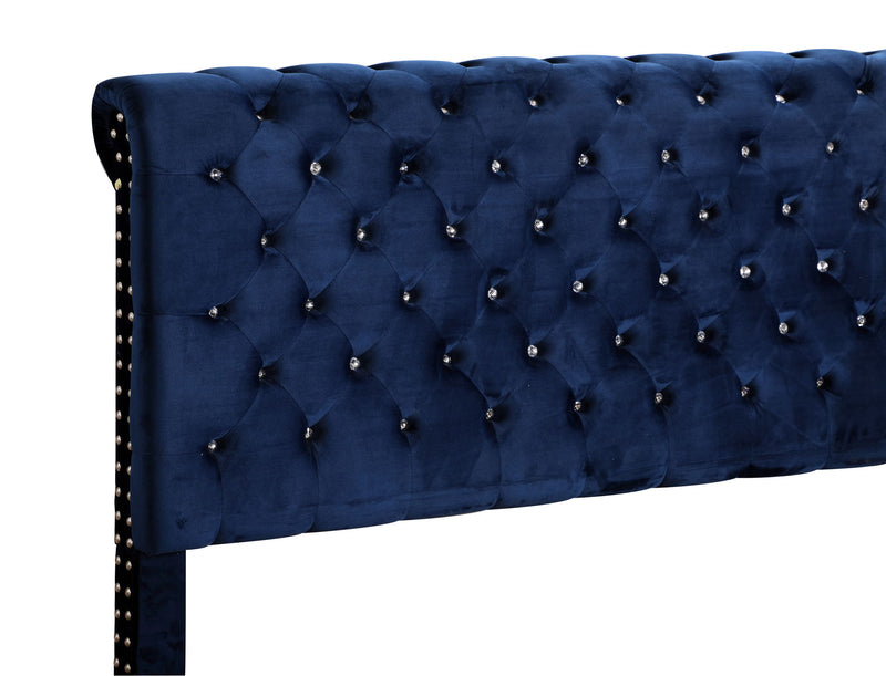 Elegant upholstered bed with a textured fabric headboard and wooden legs, from Glory Furniture's transitional bedroom collection.