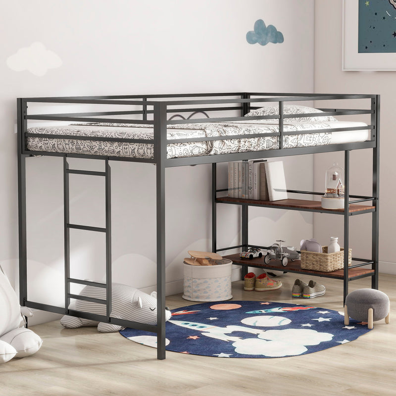 Adam - Twin Loft Bunk Bed With Cinnamon Wood Shelf - Black - R&R Furniture Gallery (Fountain Valley, CA)