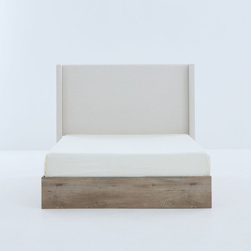 Shelton - Queen Upholstered Wingback Bed With 54" High Headboard - Ivory / Light Gray / Camel Oak - R&R Furniture Gallery (Fountain Valley, CA)