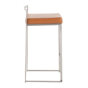 Set of three contemporary Lumi Source Fuji stackable counter stools with sleek design and wooden legs.